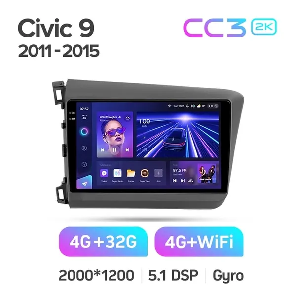Штатная магнитола Teyes CC3 2k 4+64 Gb Honda Civic 9 FB FK FD 2011-2015 2