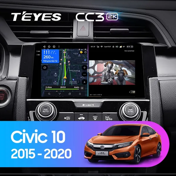 Штатна магнітола Teyes CC3 2k 6+128 Gb 360° Honda Civic 10 FC FK 2015-2020