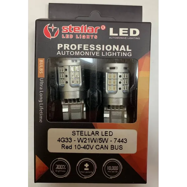 LED лампа Stellar 4G33 7443 W21 W5W 10-40V CanBus червона 2